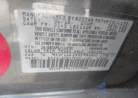 2018 Nissan Sentra S z USA, uszkodzony, nr VIN 3N1AB7AP6JY339181